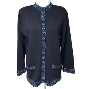 Vintage Sweater Jacket Metallic Blue Black Size M Faceted Buttons